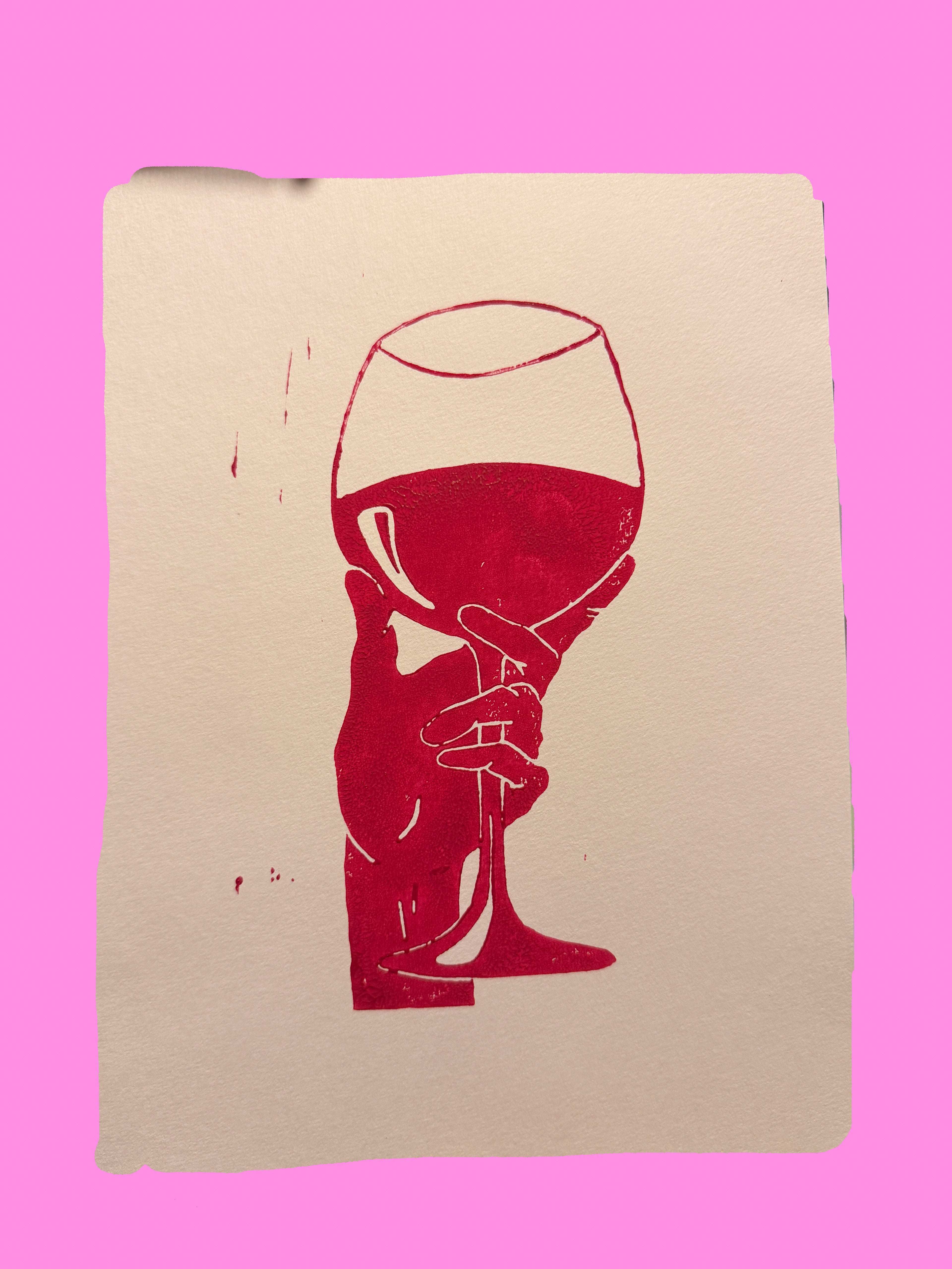 Håndtrykt linoleumstryk af et “bette” glas vin.